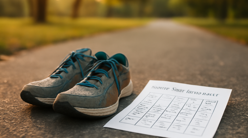 Sepatu lari dan catatan jadwal latihan mingguan di jalur taman pada pagi hari