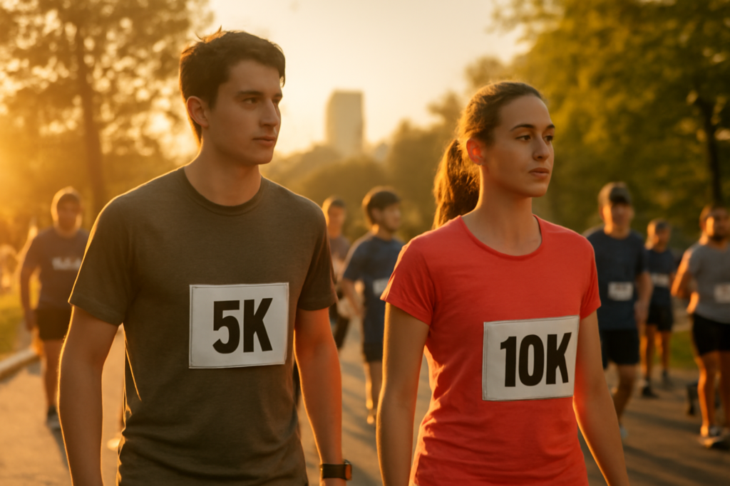Dua pelari bersiap di garis start fun run 5K dan 10K di taman kota pada pagi hari