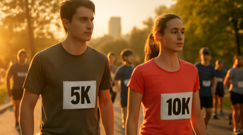 Dua pelari bersiap di garis start fun run 5K dan 10K di taman kota pada pagi hari